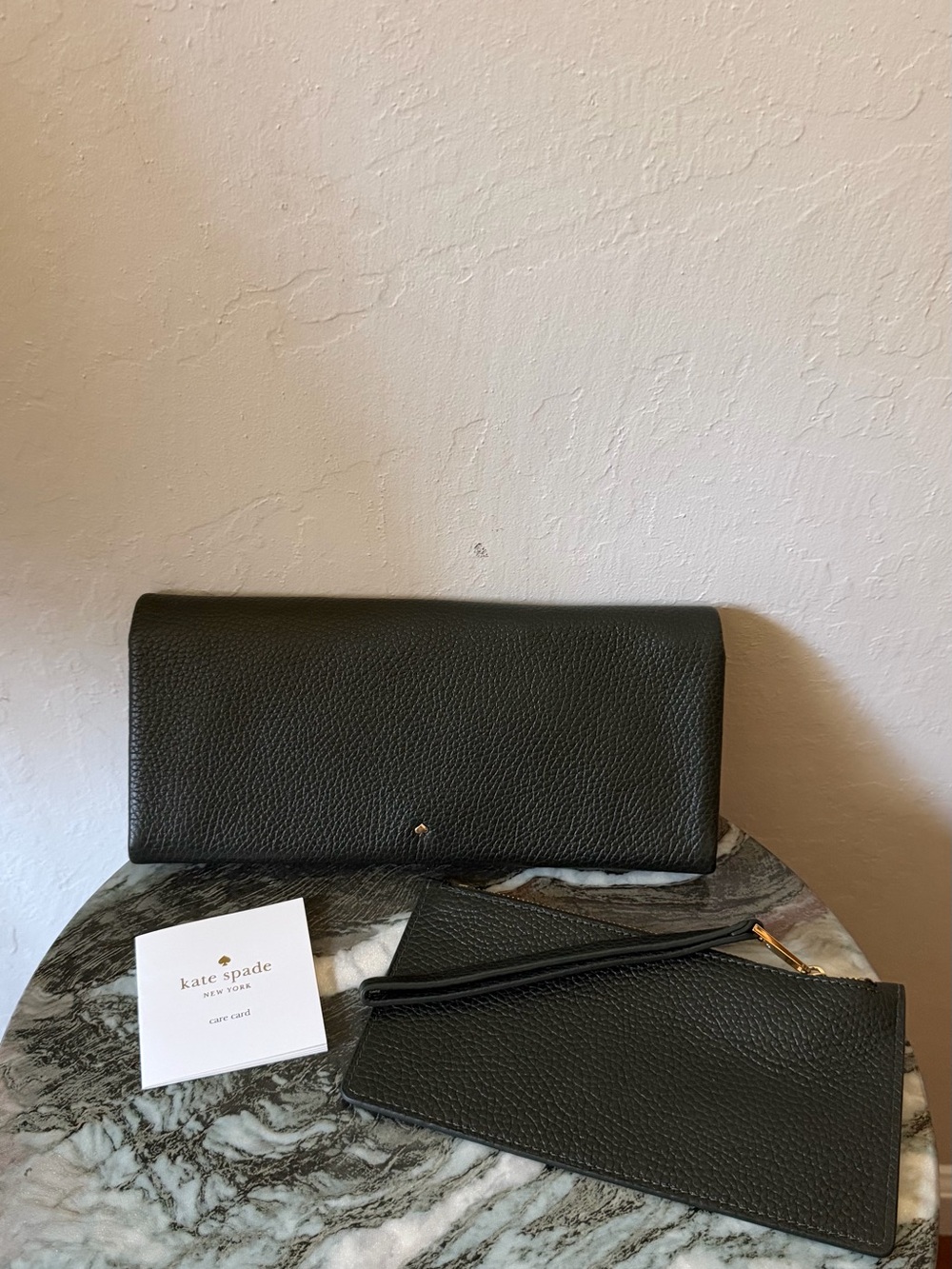 kate spade Army Green Pebbled Leather Clutch with Wristlet Pouch